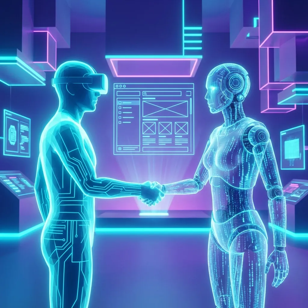 Ilustrasi Manusia dan AI berkolaborasi membangun aplikasi