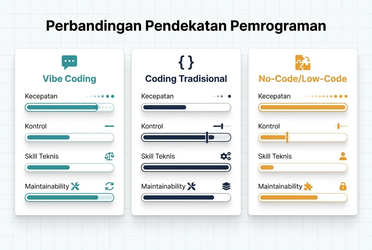 Grafik perbandingan tiga kolom yang menampilkan perbedaan vibe coding, coding tradisional, dan no-code/low-code dengan indikator visual kecepatan, kontrol, skill, dan maintainability.