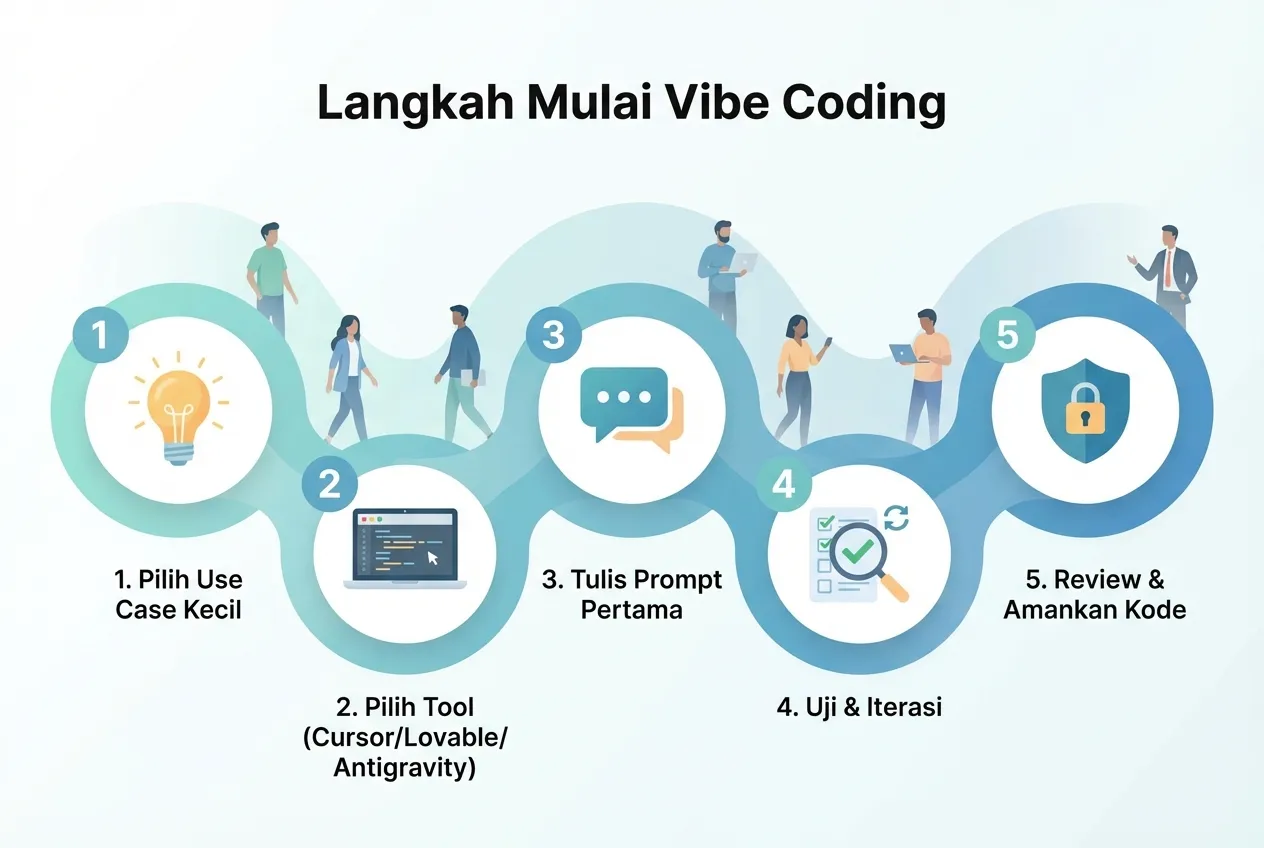 Roadmap lima langkah berilustrasi yang menunjukkan cara mulai vibe coding dari memilih use case kecil, memilih tool seperti Cursor atau Lovable, menulis prompt, menguji, hingga review keamanan kode.