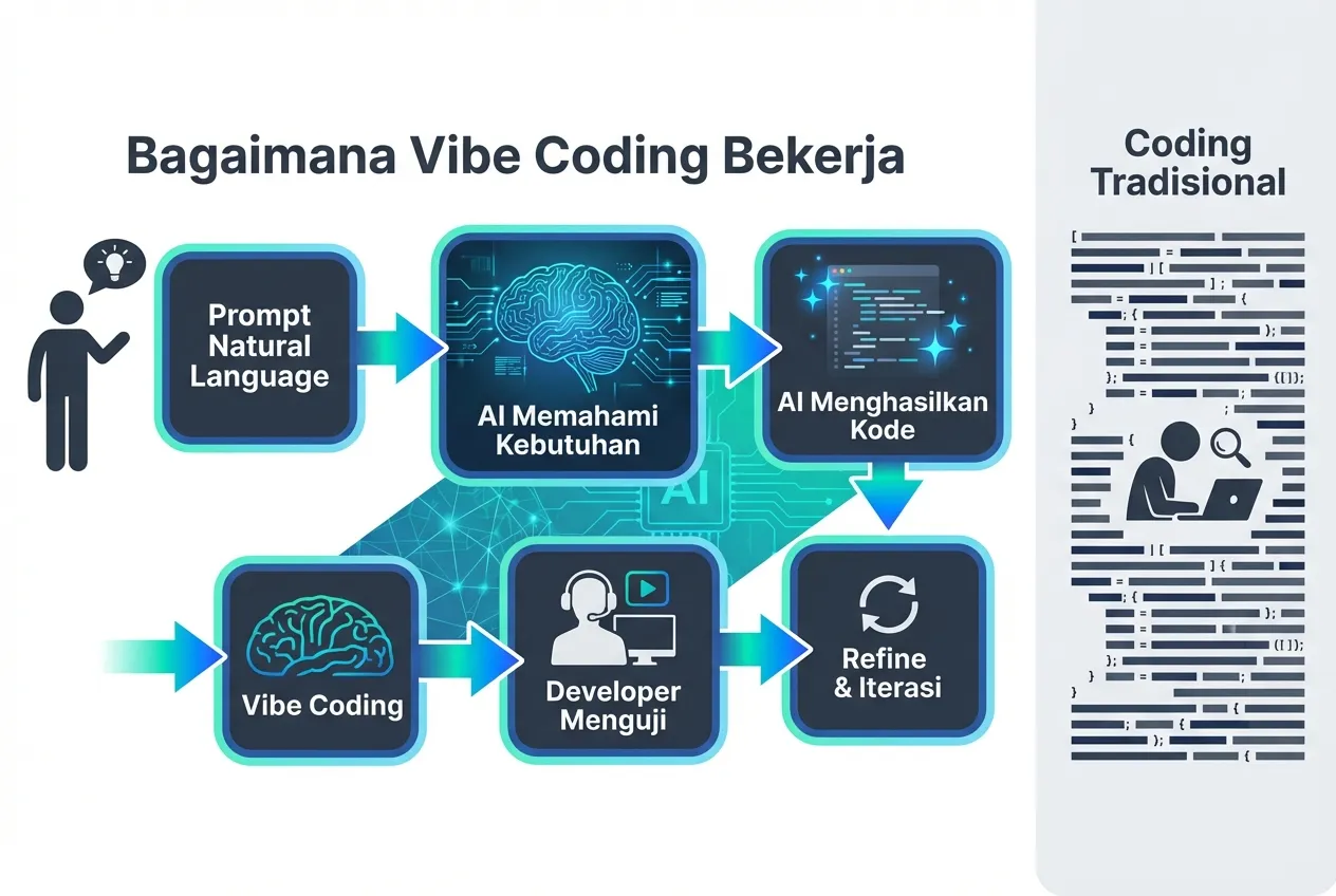 Infografik alur kerja vibe coding dari prompt bahasa natural ke AI, generasi kode, pengujian, hingga iterasi, berdampingan dengan panel kecil coding tradisional untuk konteks pembaca Indonesia.